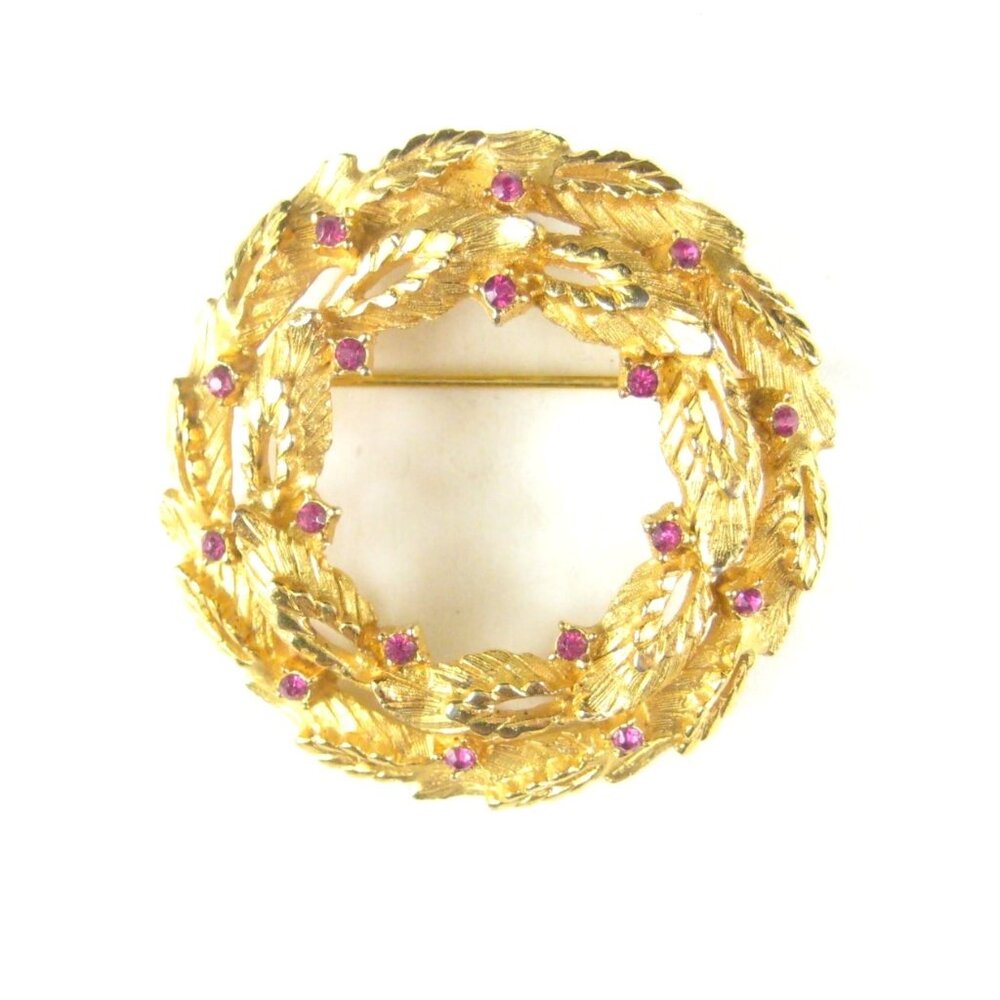 Pastelli Vintage Goldtone Leaf Wreath Brooch Rhinestones Christmas Xmas